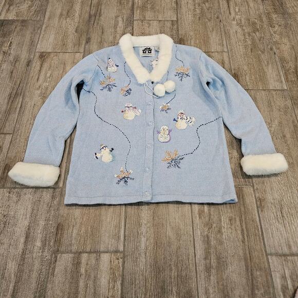 Storybook Knits Embellished Snowman Sweater Womens XS Blue Holiday Cardigan NEW - Picture 1 of 14